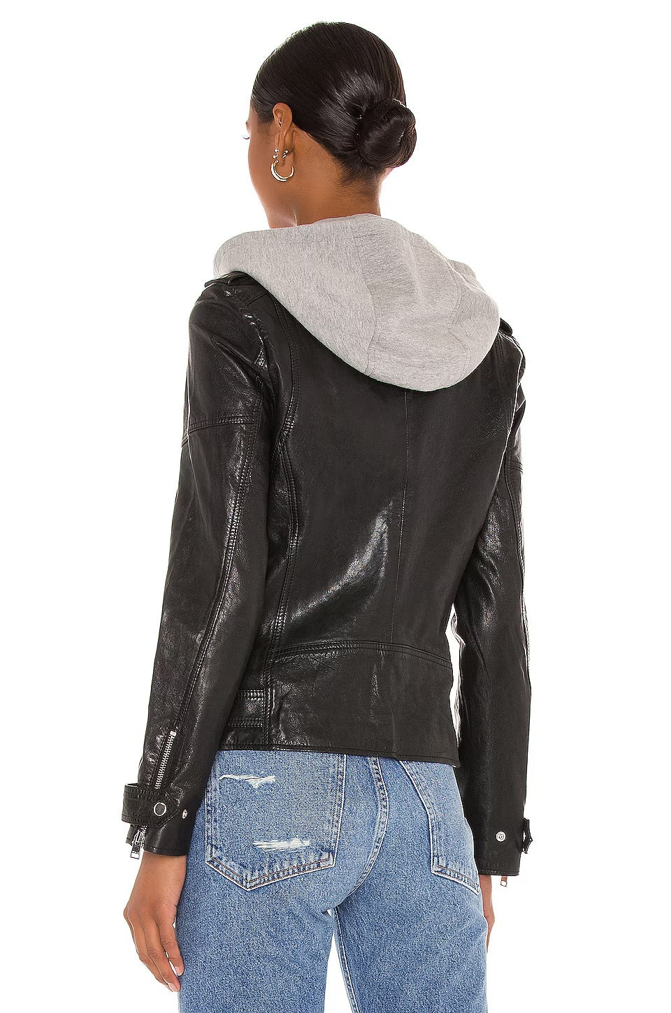 Women's Black Simple Leather Jacket with Detachable Hood