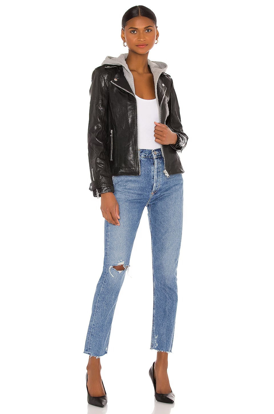 Women's Black Simple Leather Jacket with Detachable Hood