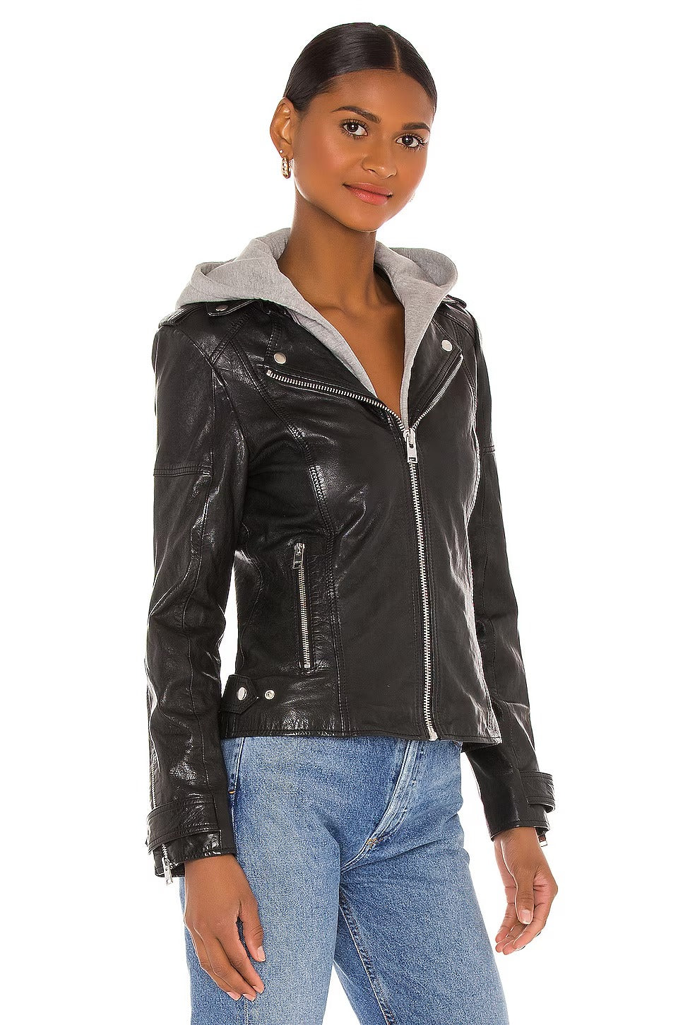 Women's Black Simple Leather Jacket with Detachable Hood