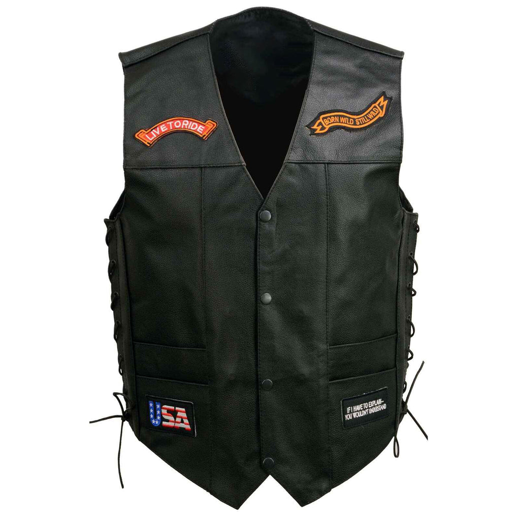 Women's Black Six Patches Motorcycle Leather Vest