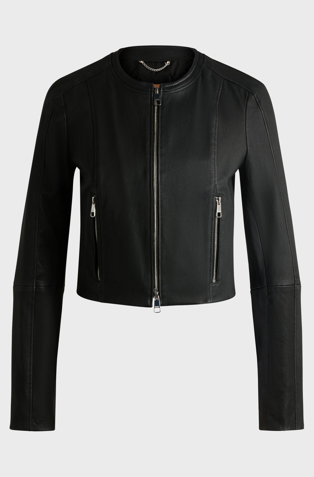 Women's Black Slim Fit Collarless Leather Jacket