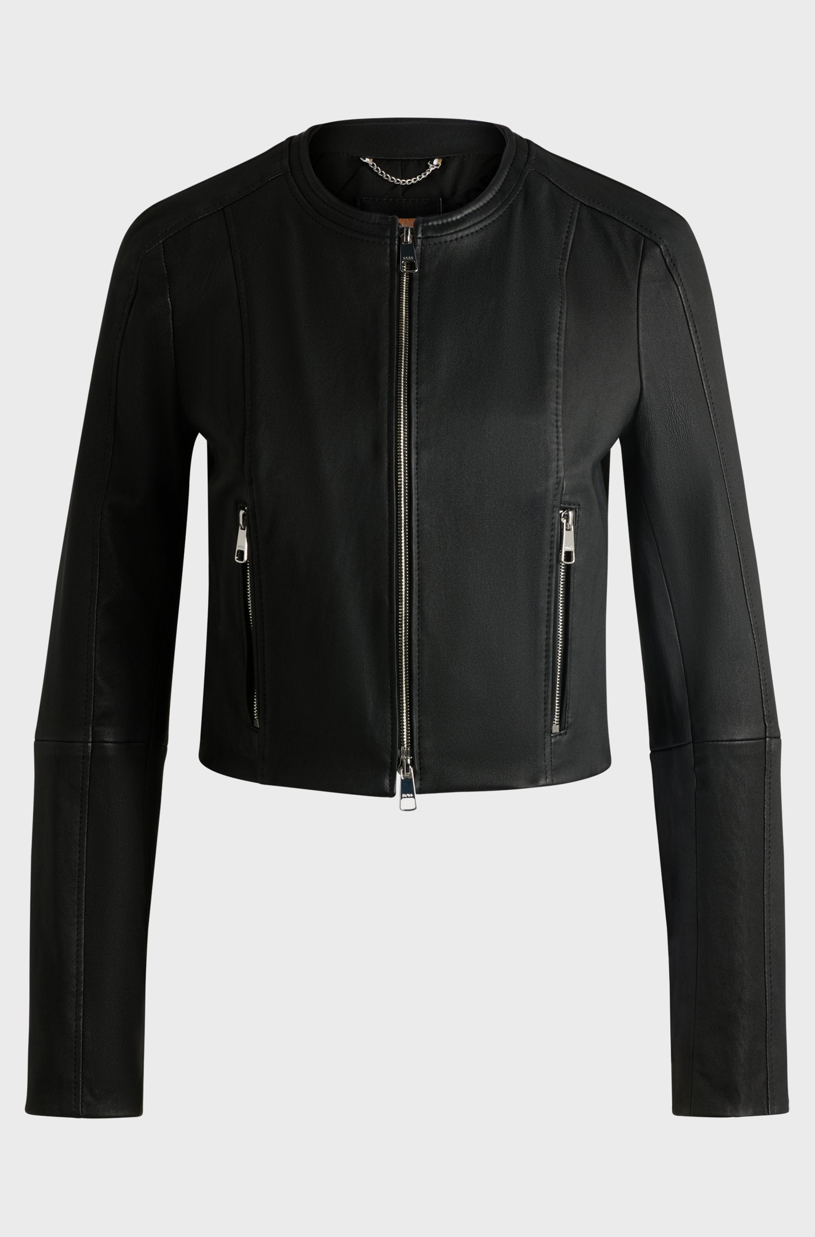 Women's Black Slim Fit Collarless Leather Jacket