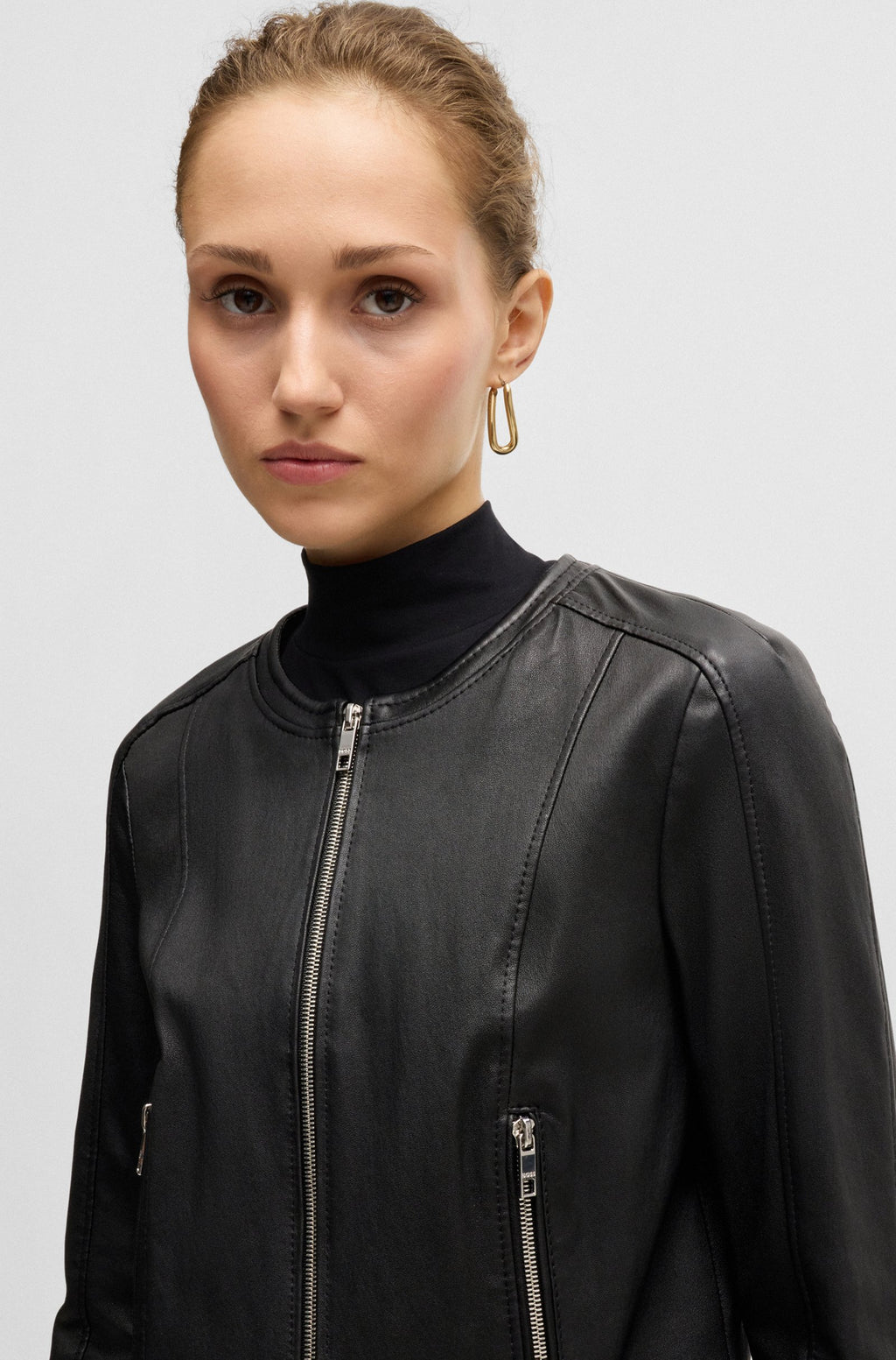 Women's Black Slim Fit Collarless Leather Jacket