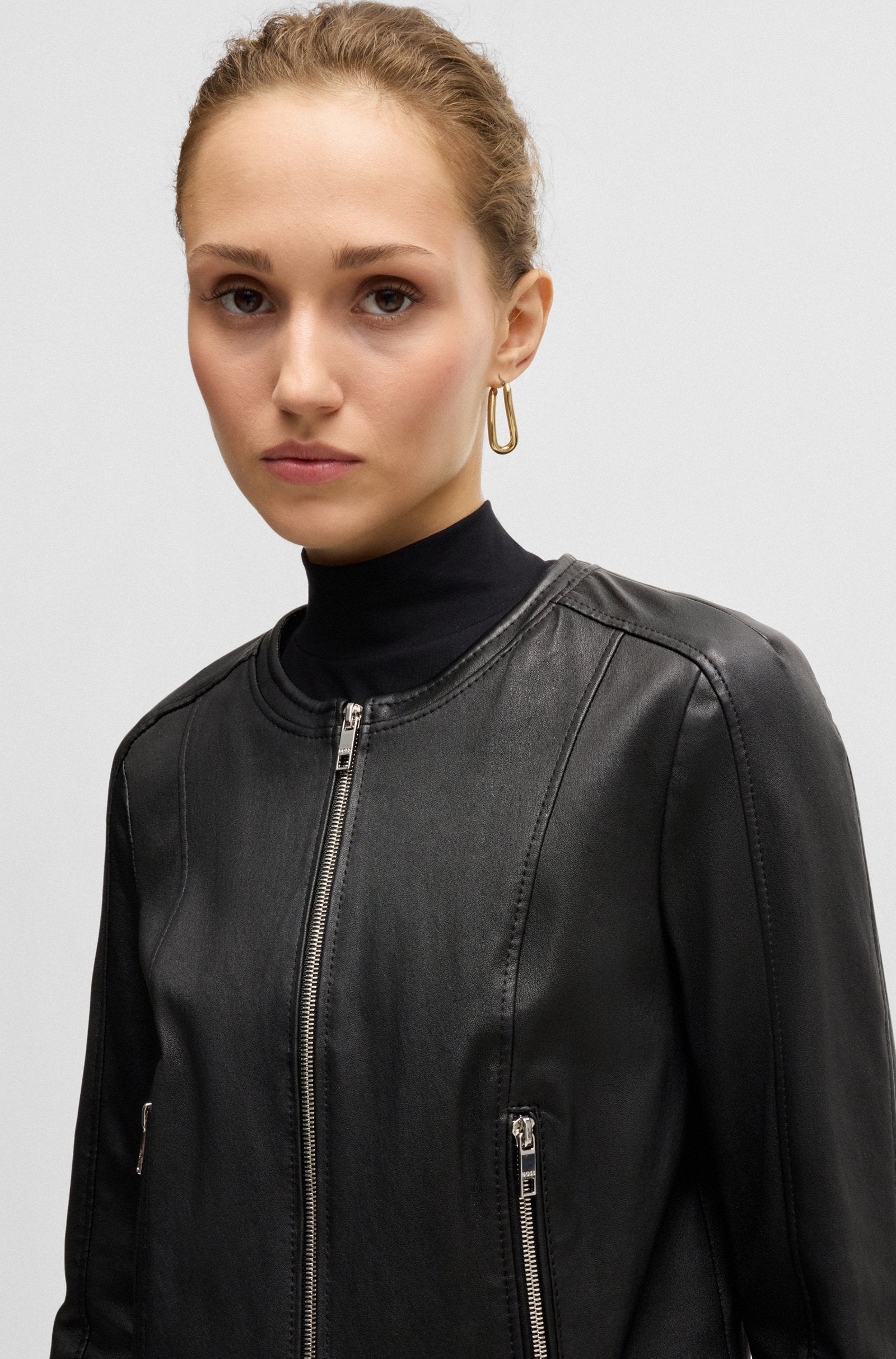 Women's Black Slim Fit Collarless Leather Jacket