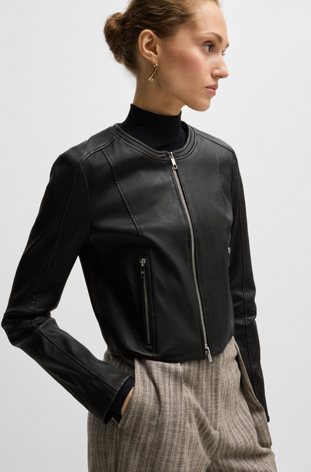 Women's Black Slim Fit Collarless Leather Jacket