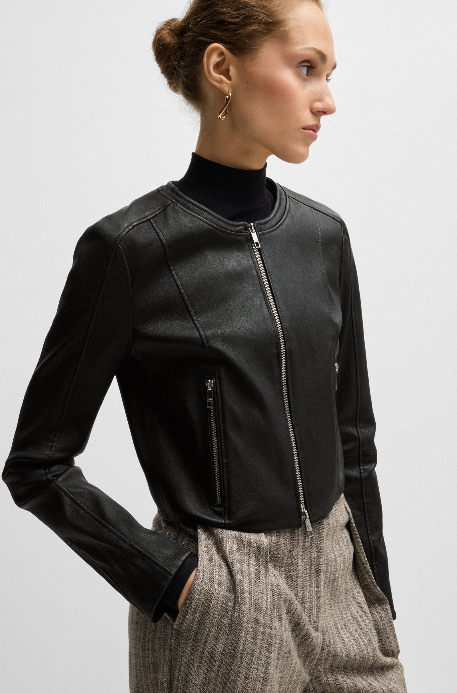 Women's Black Slim Fit Collarless Leather Jacket