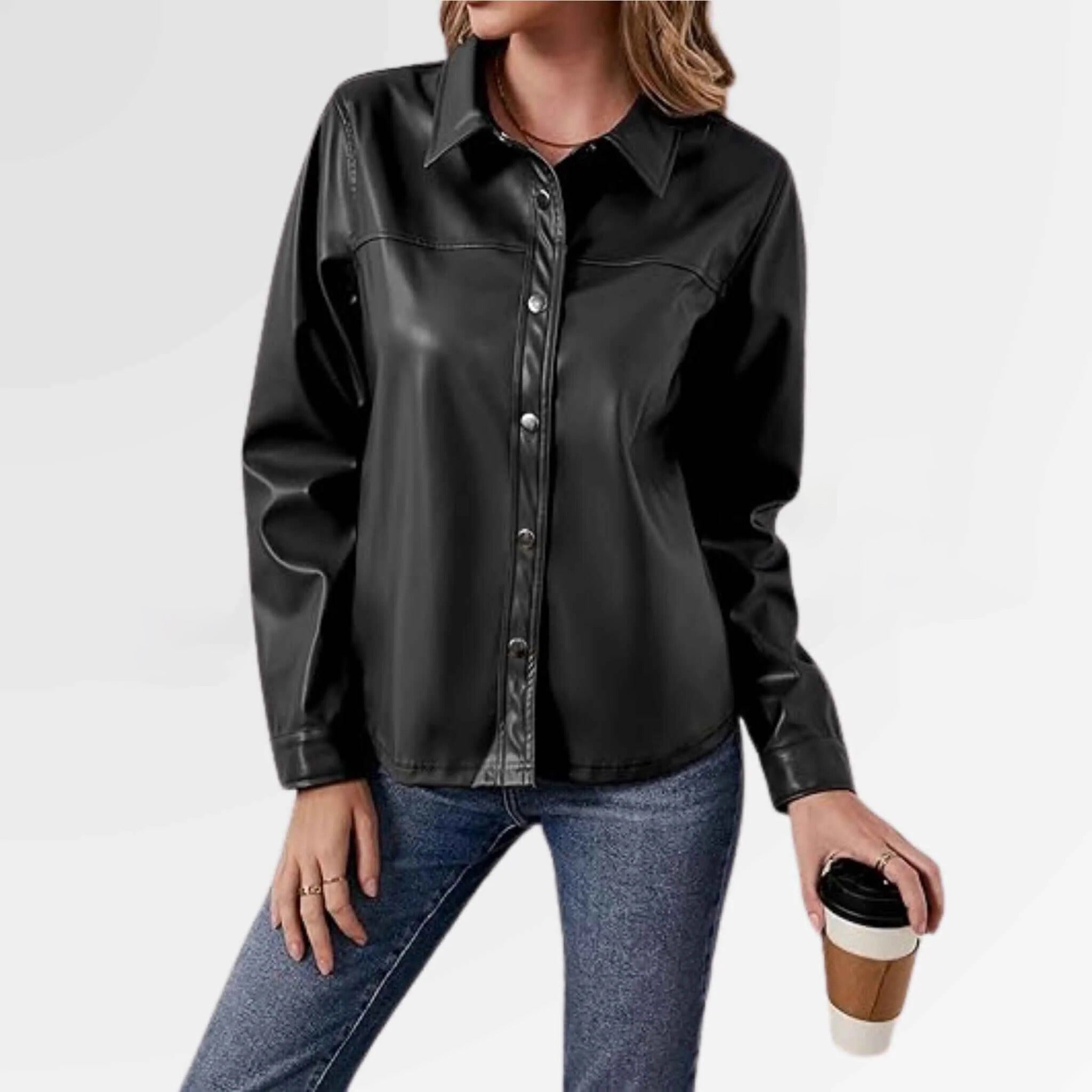 Women's Black Snapped Leather Shirt