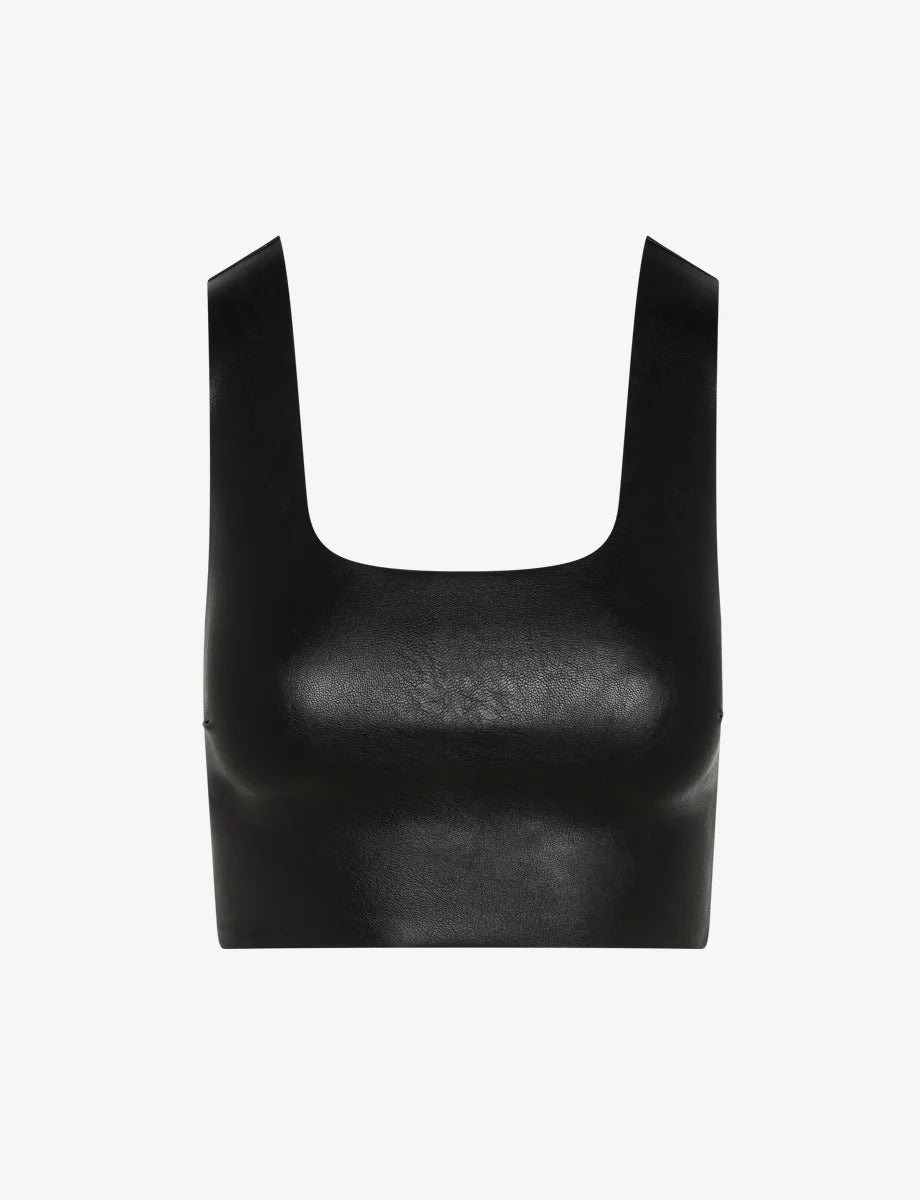 Women's Black Square Neck Faux Leather Crop Top