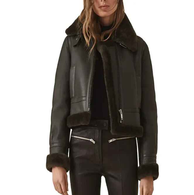 Women's Black Strapped Collar Shearling Sheepskin Leather Jacket
