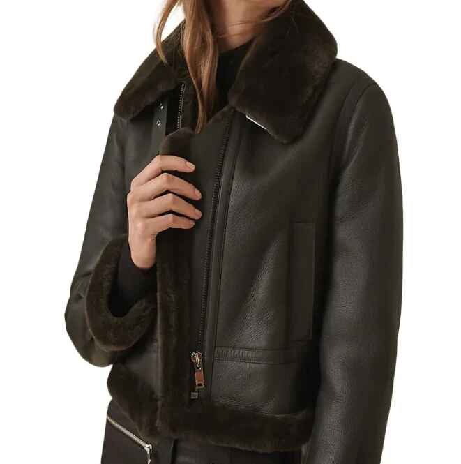 Women's Black Strapped Collar Shearling Sheepskin Leather Jacket
