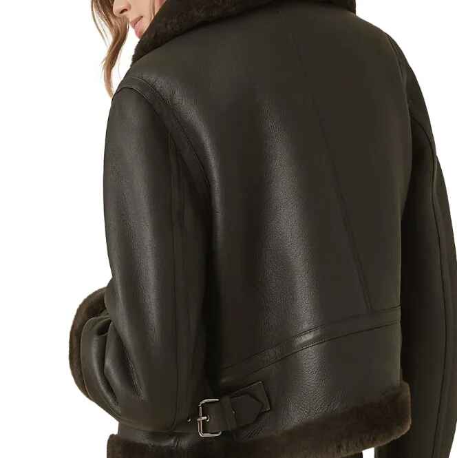 Women's Black Strapped Collar Shearling Sheepskin Leather Jacket