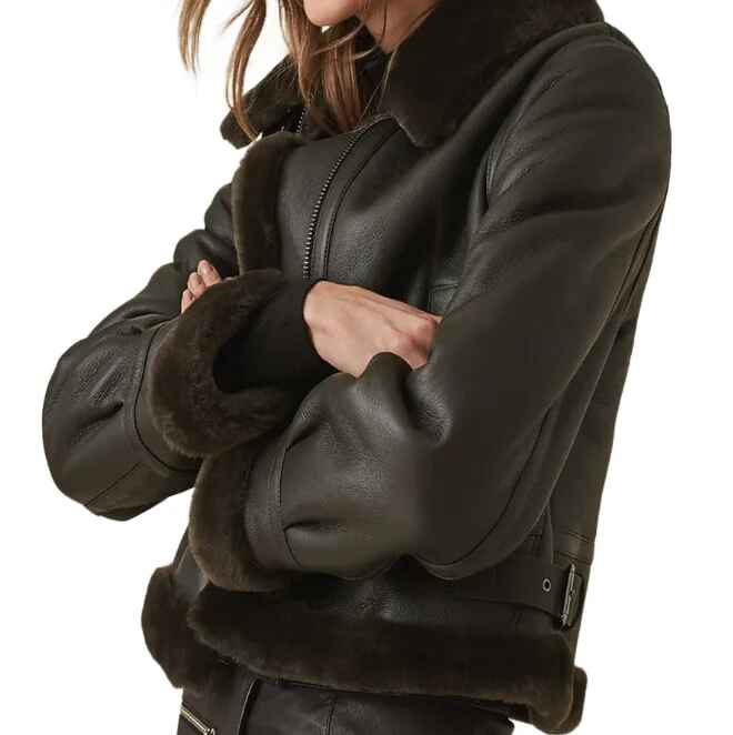 Women's Black Strapped Collar Shearling Sheepskin Leather Jacket