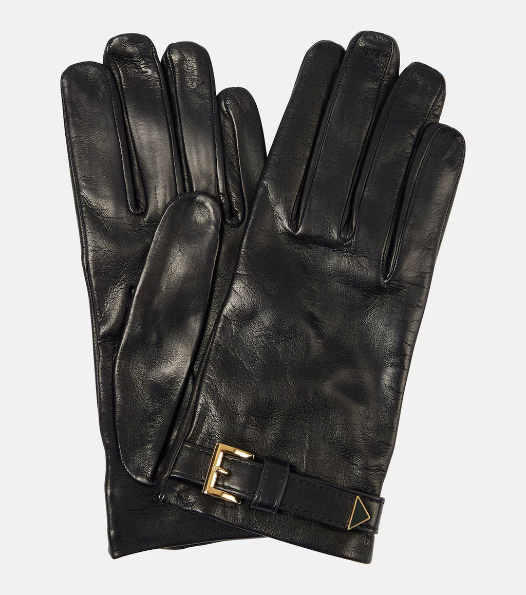 Women's Black Strapped Leather Gloves