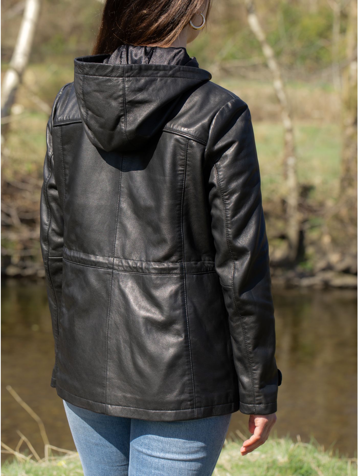 Women's Black Stud Cuffs Hooded Leather Coat