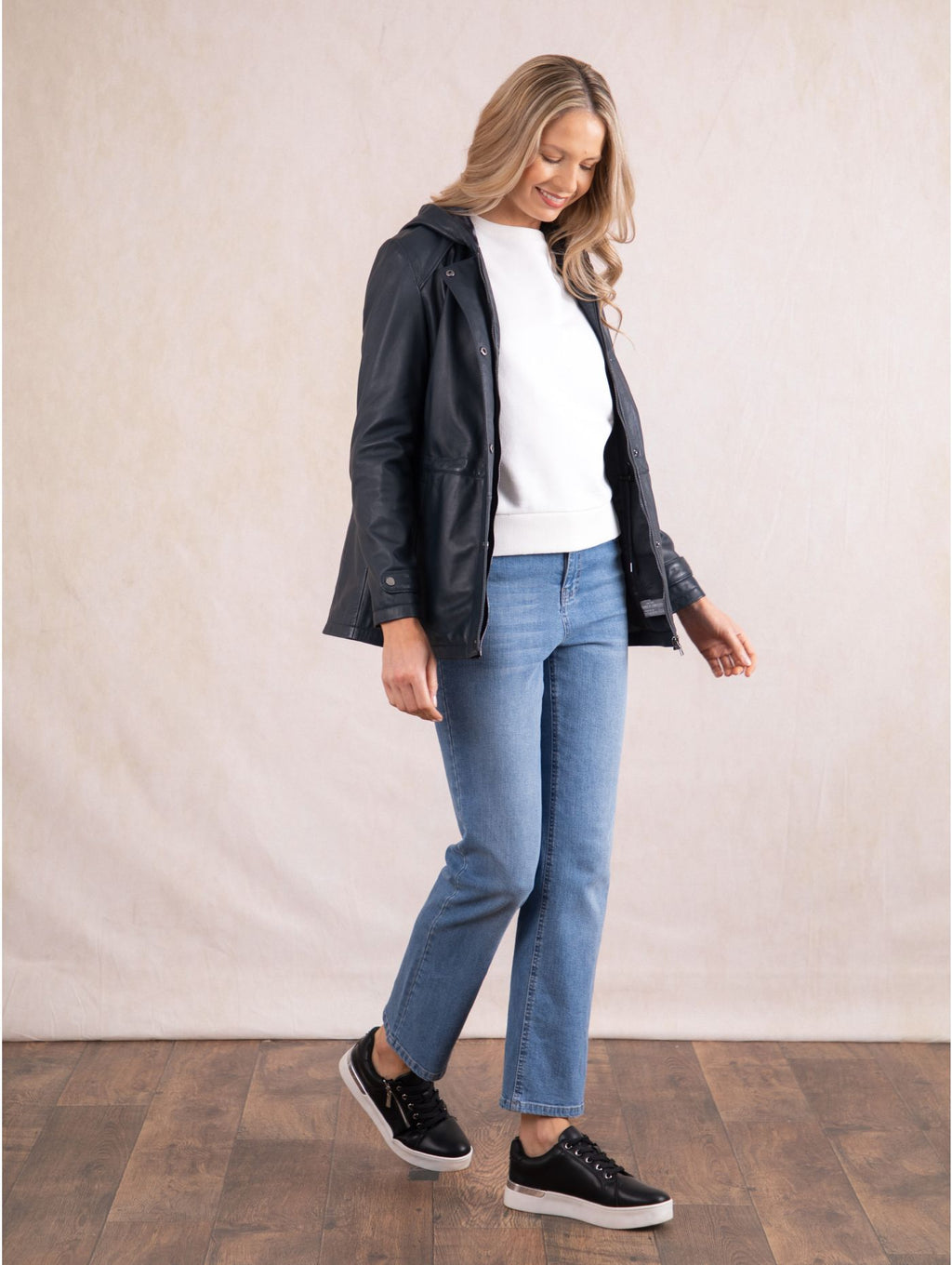 Women's Black Stud Cuffs Hooded Leather Coat