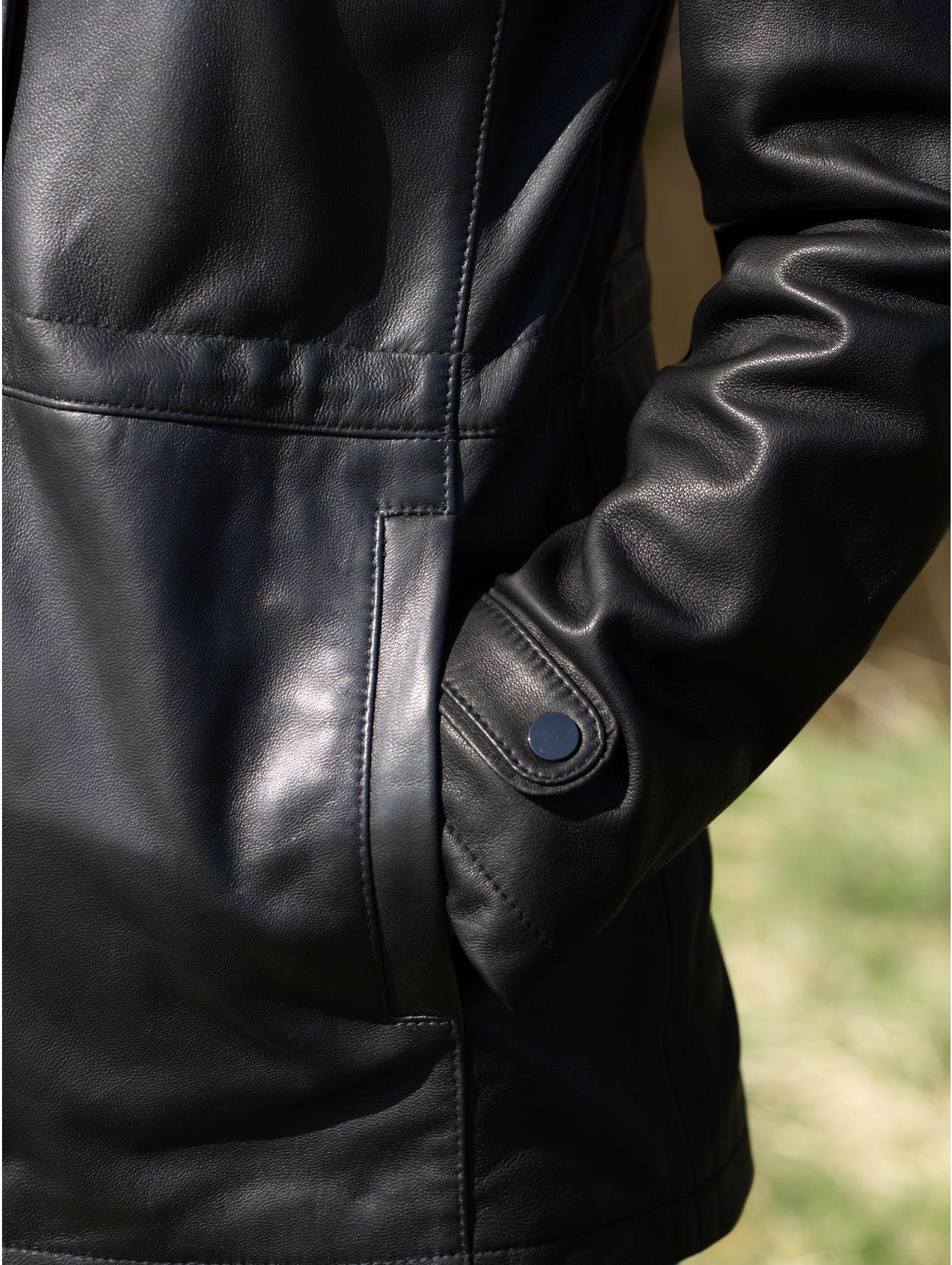 Women's Black Stud Cuffs Hooded Leather Coat