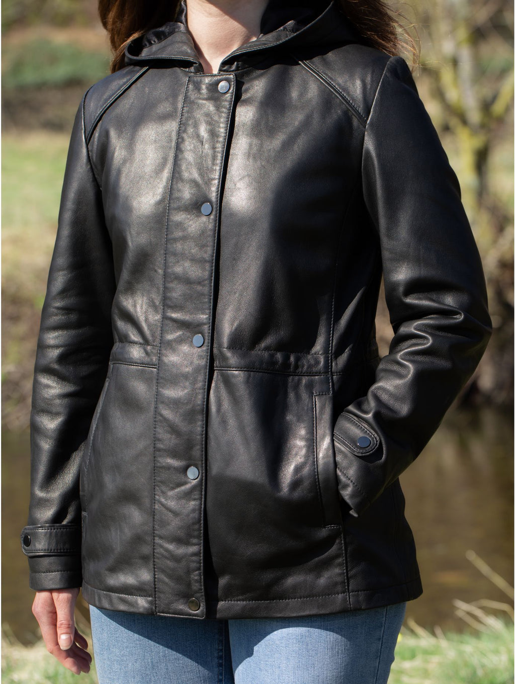 Women's Black Stud Cuffs Hooded Leather Coat