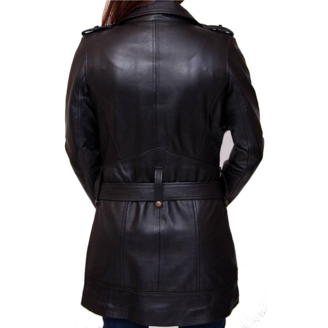 Women's Black Tie Belt Leather Coat