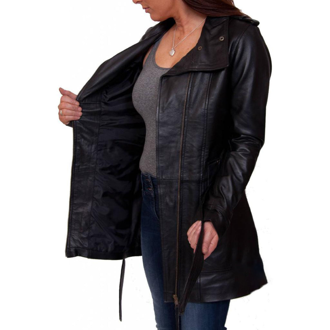 Women's Black Tie Belt Leather Coat