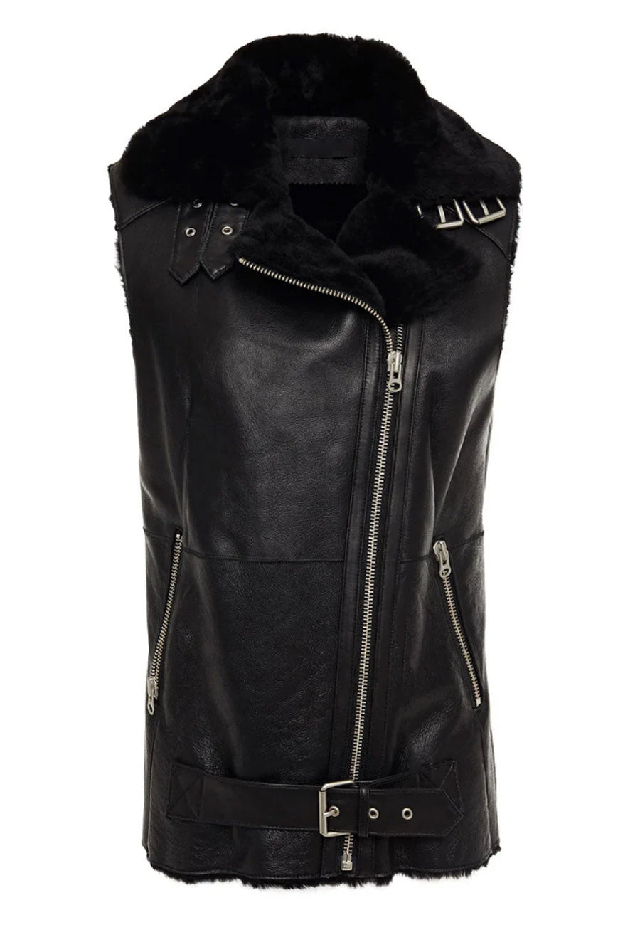 Women’s Black Two Pockets Leather Shearling Vest
