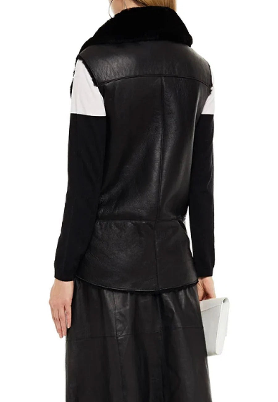 Women’s Black Two Pockets Leather Shearling Vest