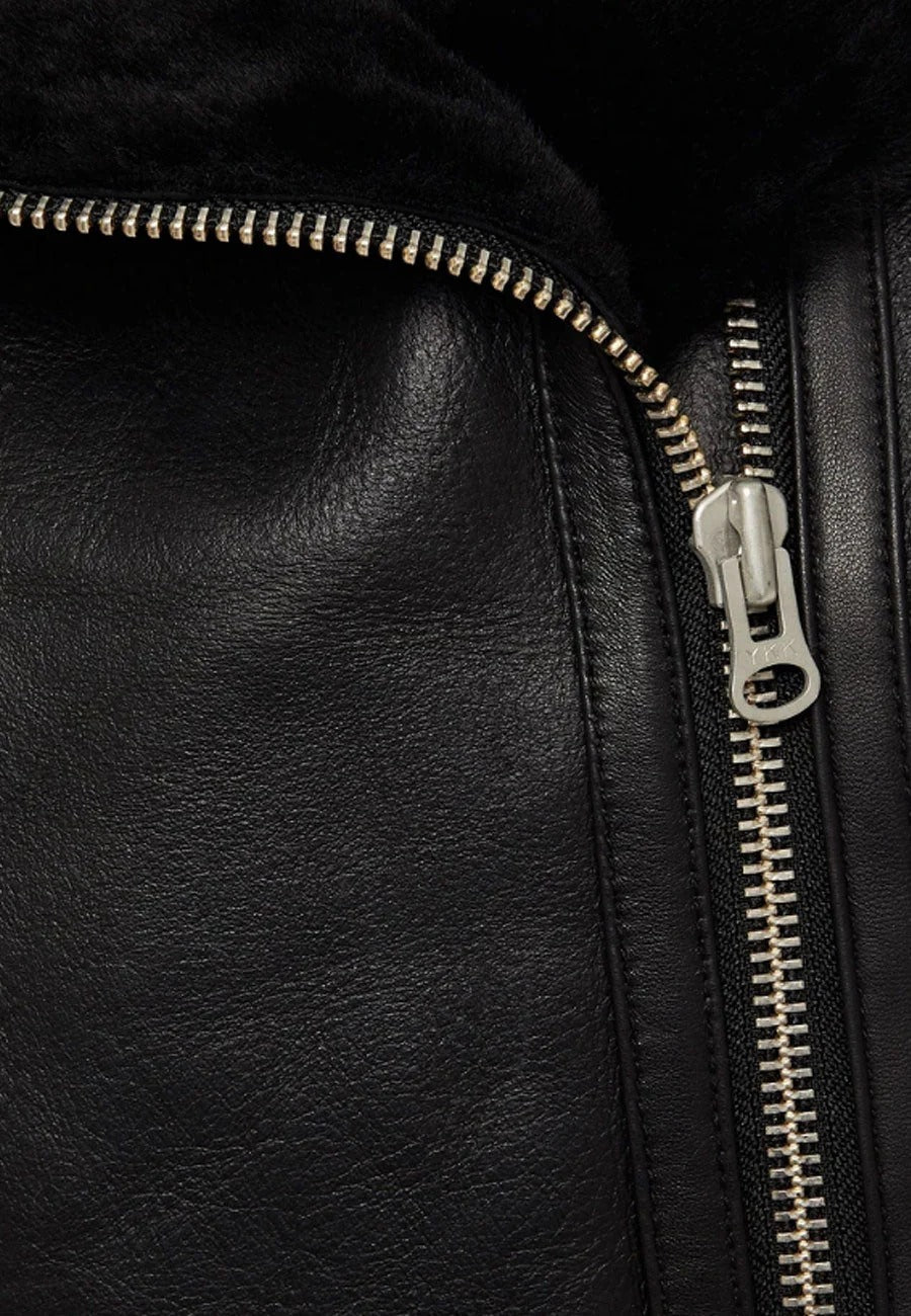 Women’s Black Two Pockets Leather Shearling Vest