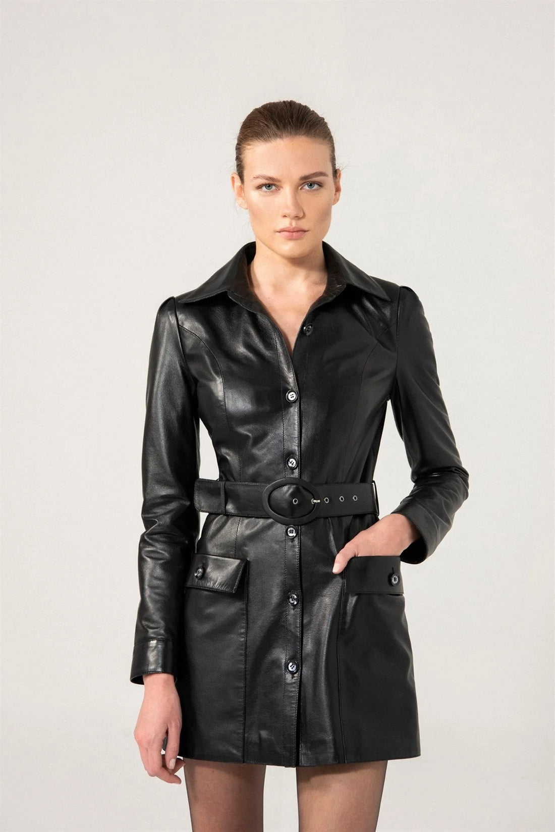Women’s Black Two Pockets Sheepskin Leather Trench Coat