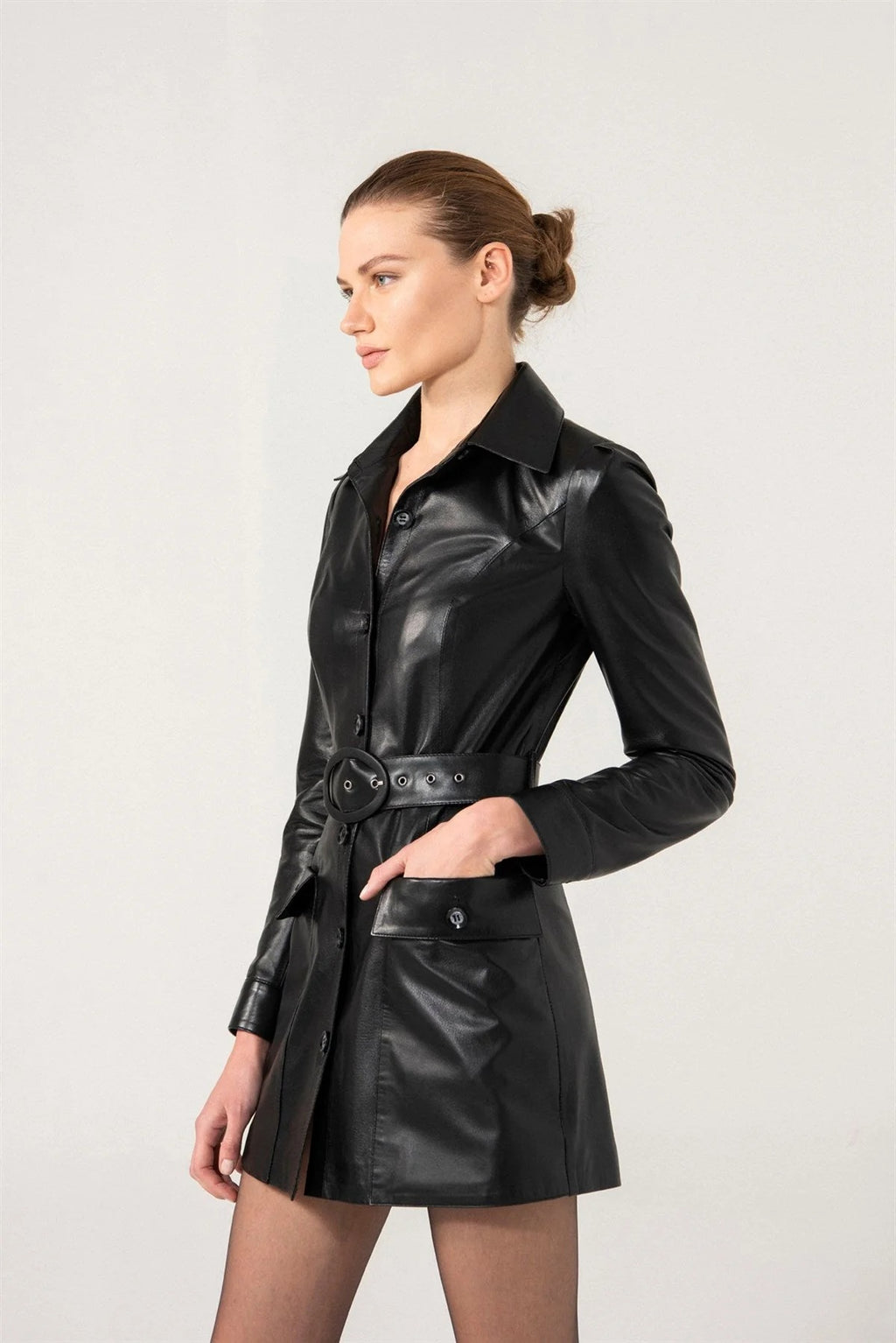 Women’s Black Two Pockets Sheepskin Leather Trench Coat