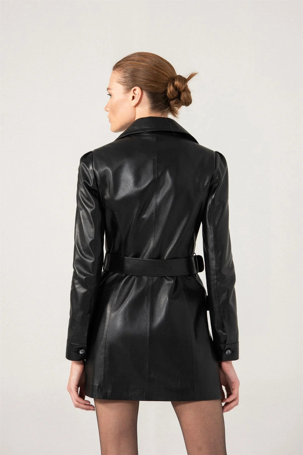 Women’s Black Two Pockets Sheepskin Leather Trench Coat
