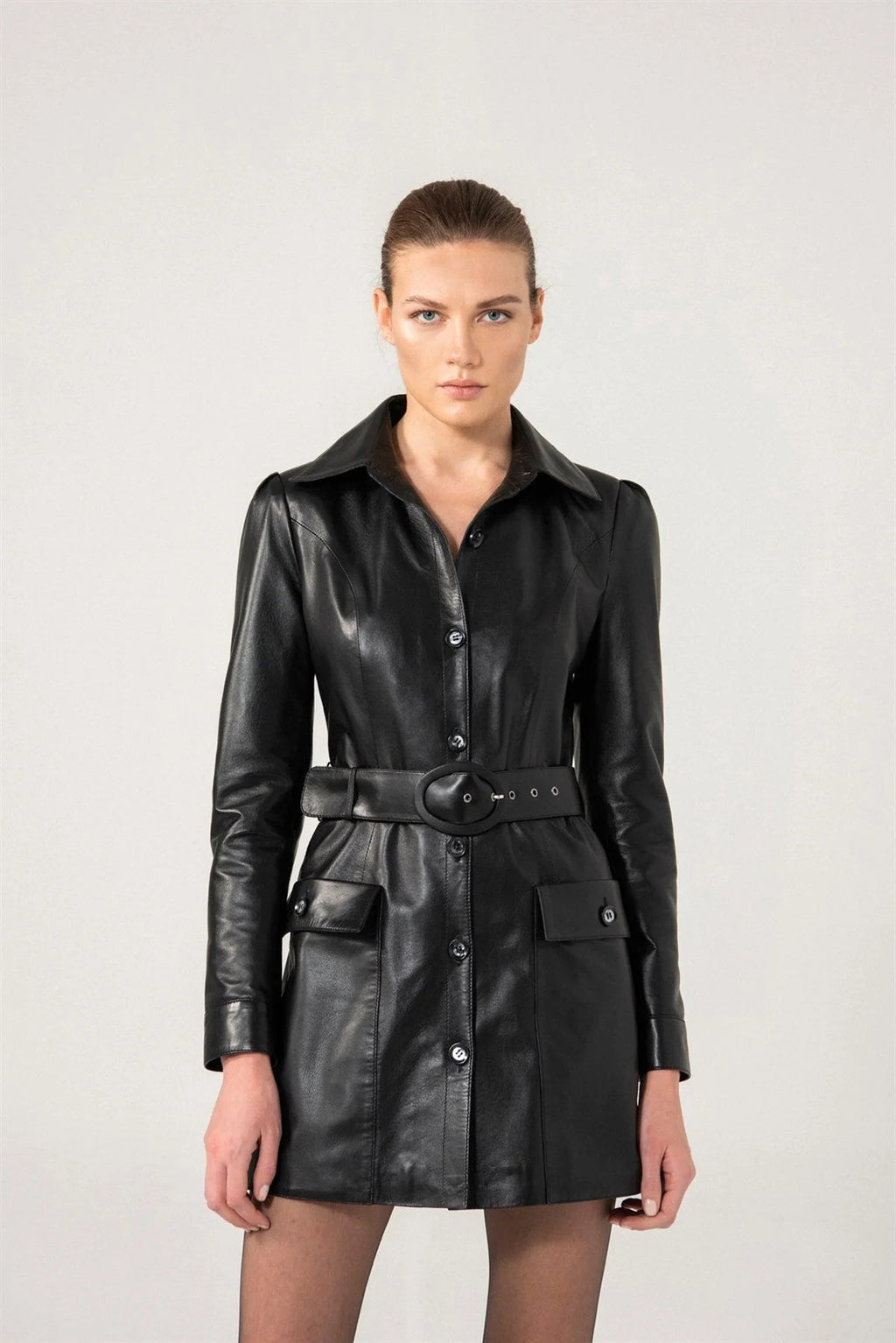 Women’s Black Two Pockets Sheepskin Leather Trench Coat