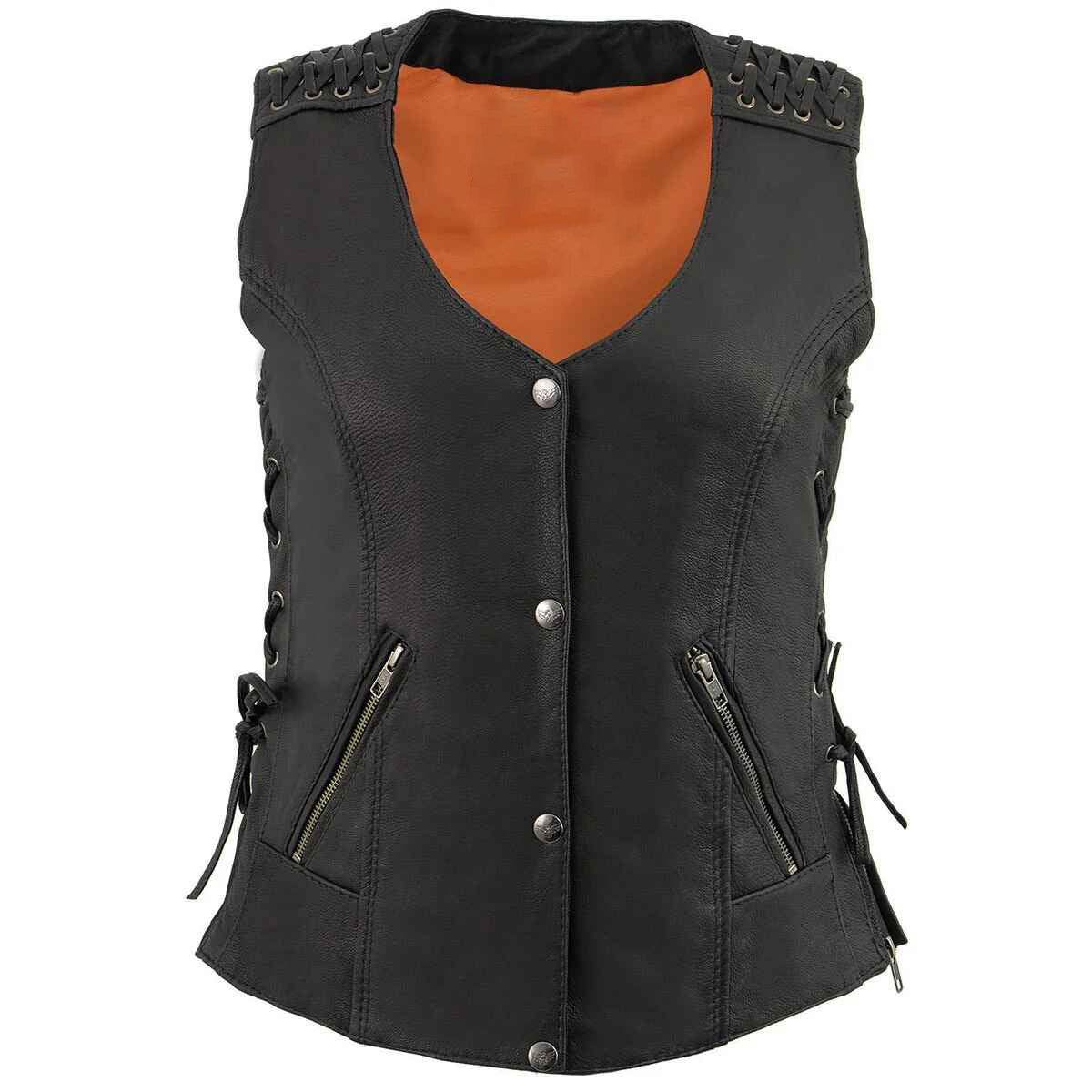 Women's Black V-Neck Leather Vest