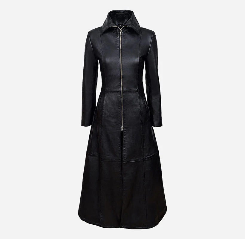 Women's Black Vampire Long Flare Leather Trench Coat