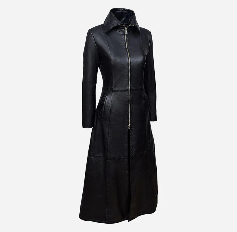 Women's Black Vampire Long Flare Leather Trench Coat