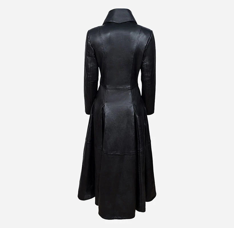 Women's Black Vampire Long Flare Leather Trench Coat