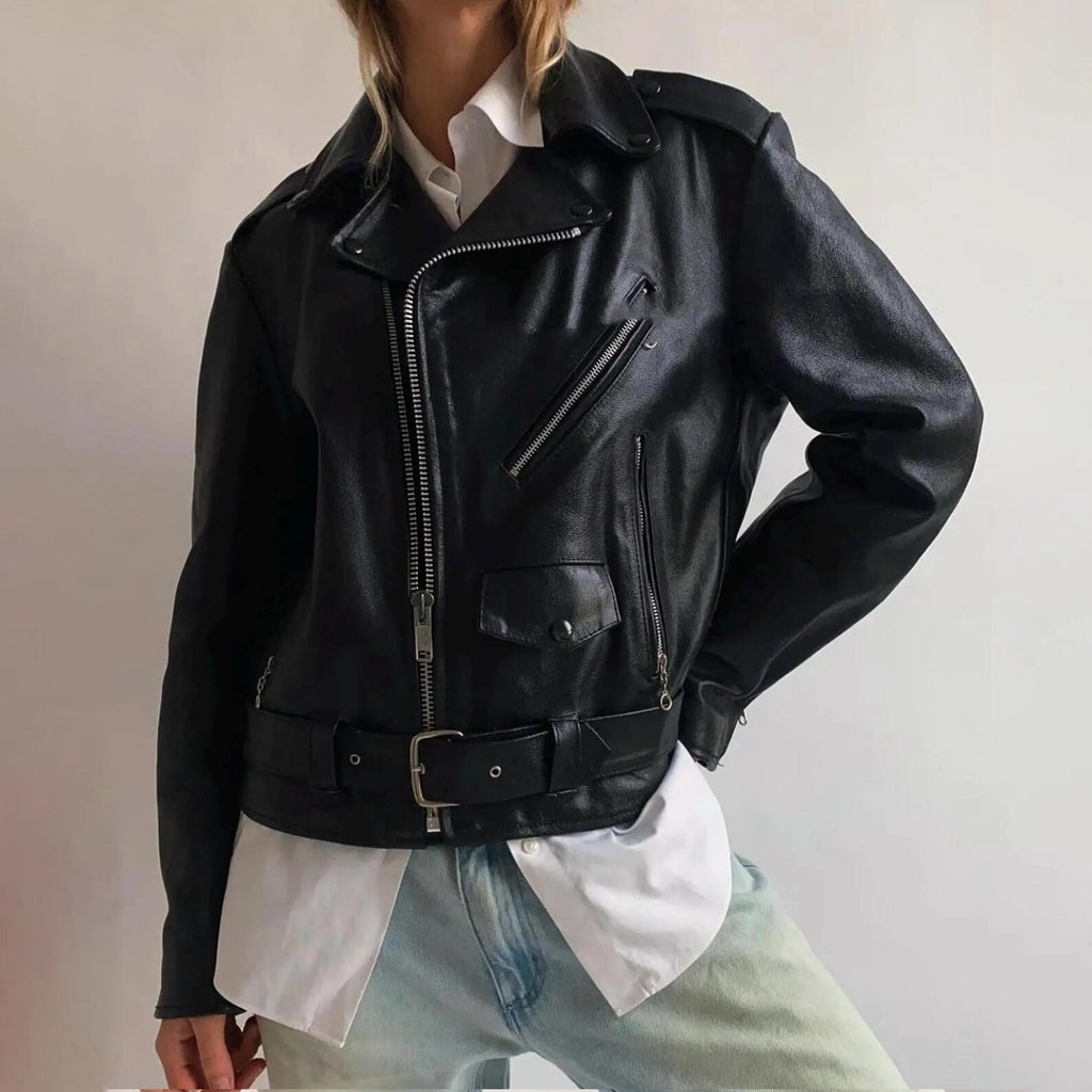 Women's Black Vintage Light Weighted Oversized Genuine Leather Jacket