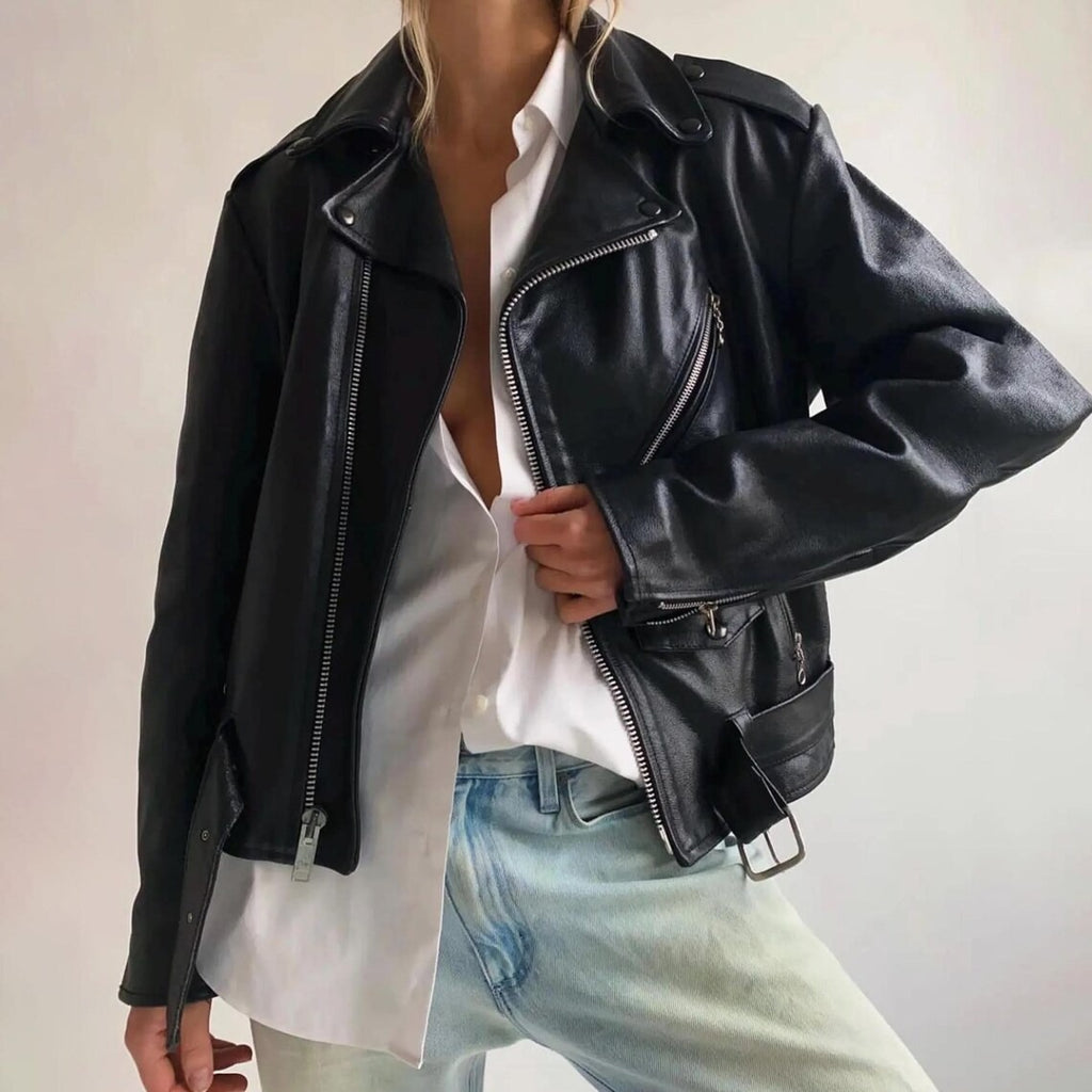 Women's Black Vintage Light Weighted Oversized Genuine Leather Jacket