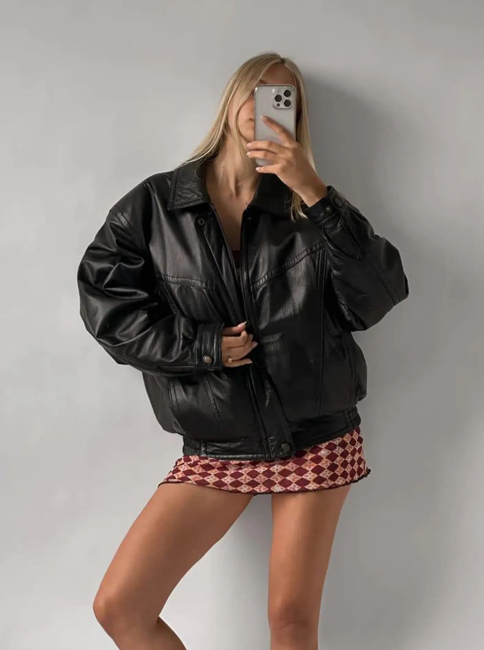 Women's Black Vintage Oversized Leather Jacket