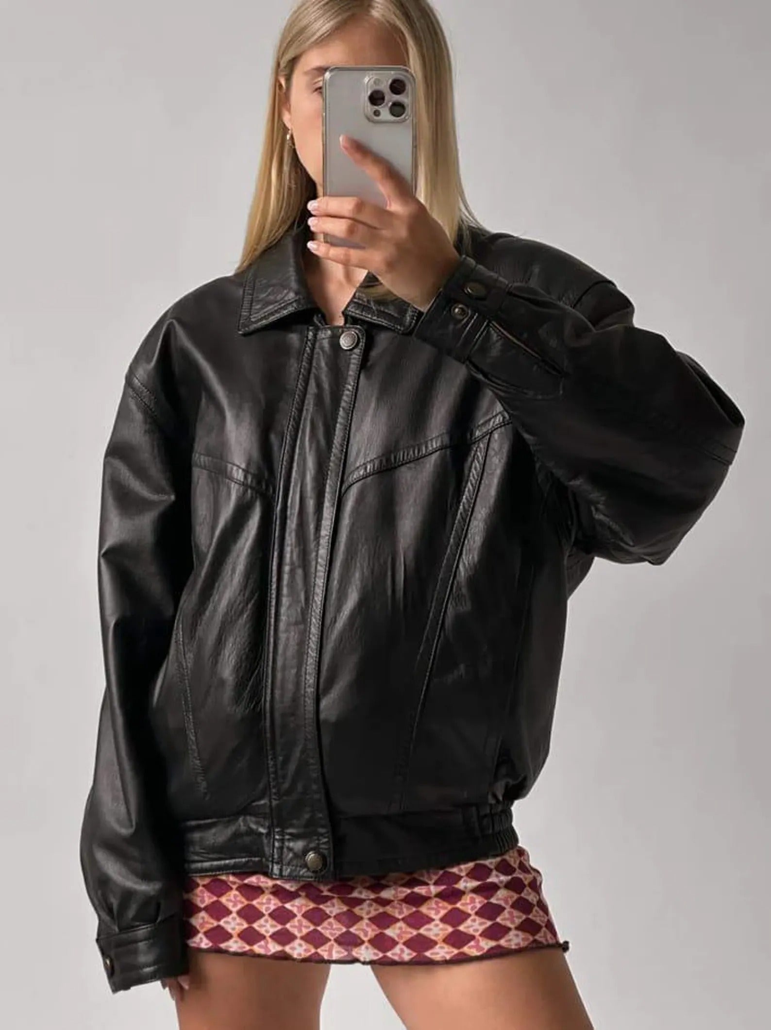 Women's Black Vintage Oversized Leather Jacket