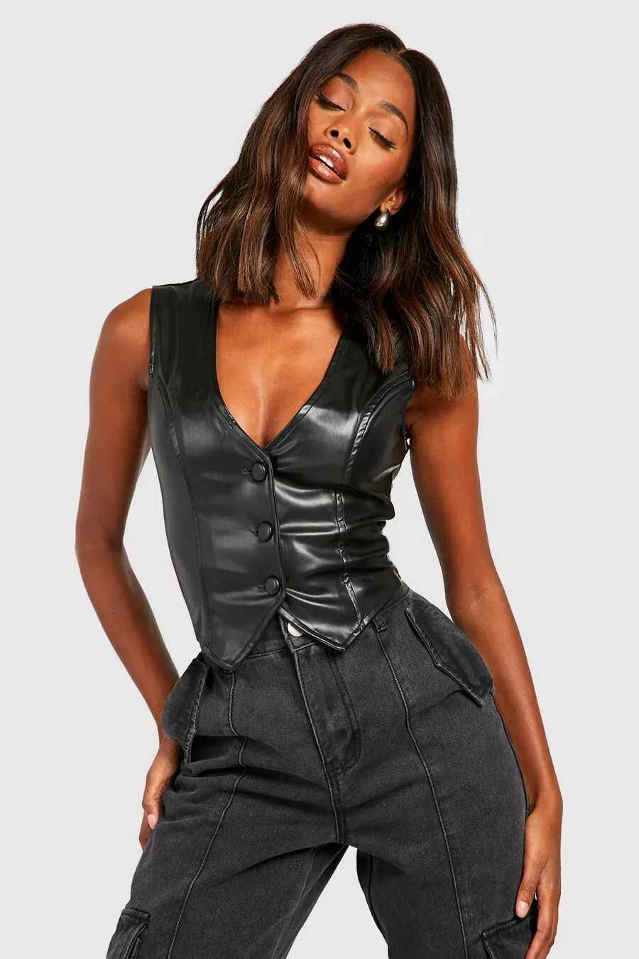 Women's Black Waist Leather Top