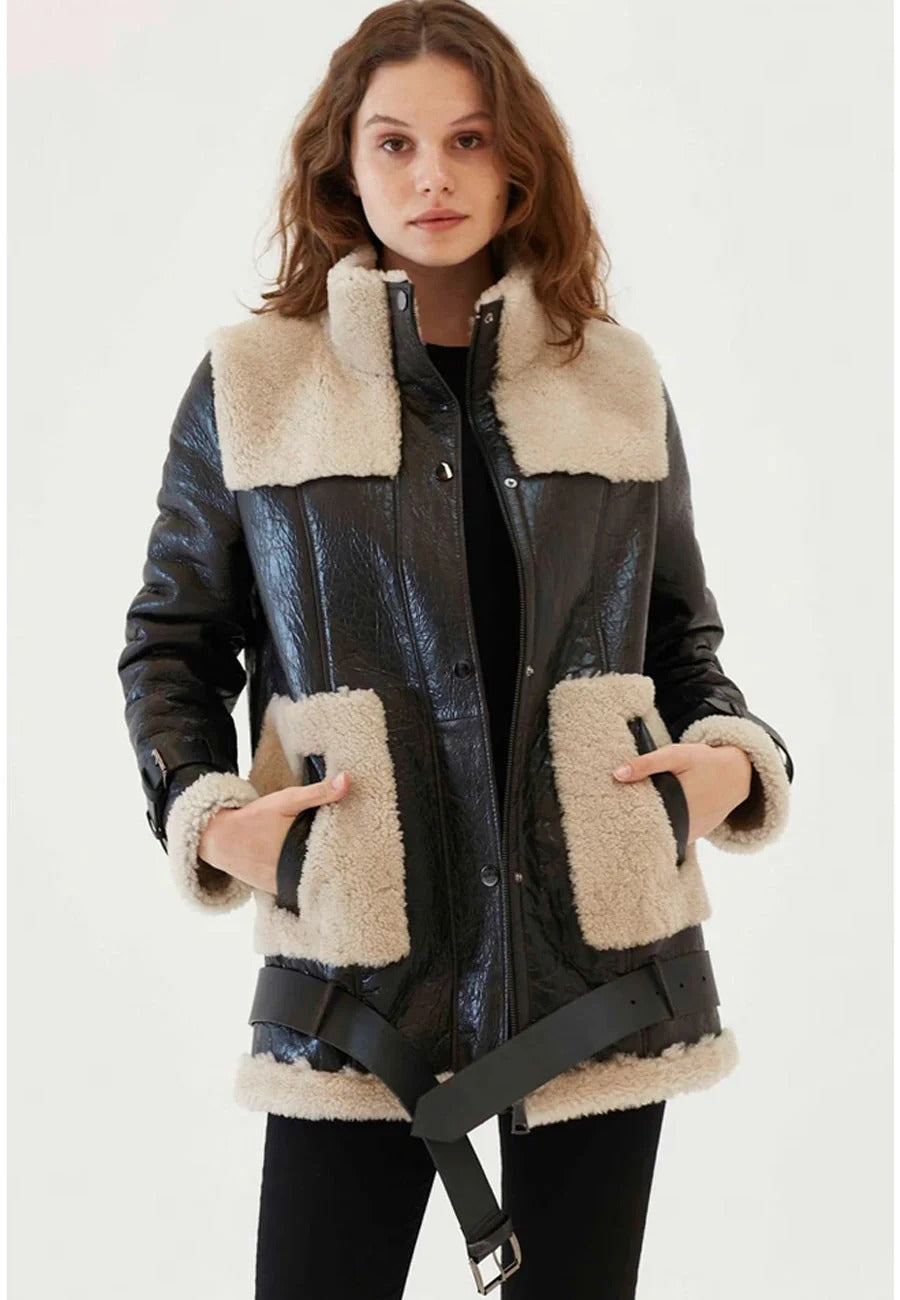 Women’s Black Zipped And Buttoned Closure Leather Shearling Long Fur Coat