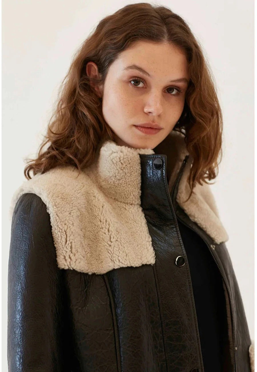Women’s Black Zipped And Buttoned Closure Leather Shearling Long Fur Coat