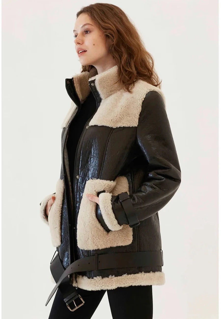 Women’s Black Zipped And Buttoned Closure Leather Shearling Long Fur Coat