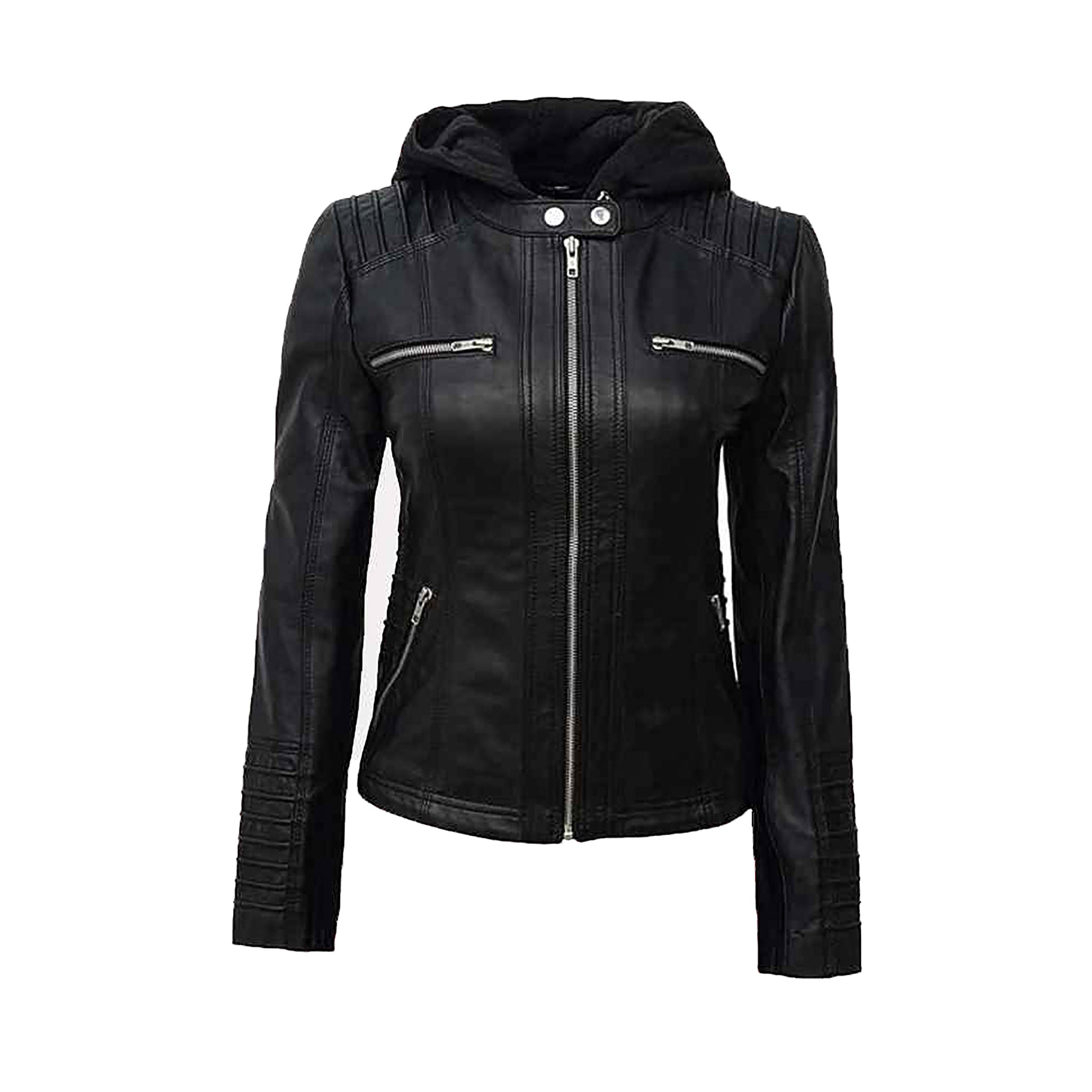 Women's Black & Brown Hooded Leather Jacket