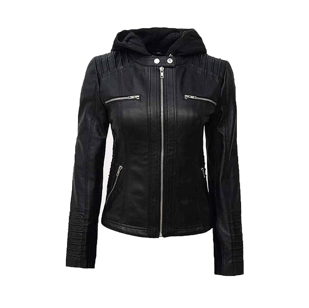 Women's Black & Brown Hooded Leather Jacket