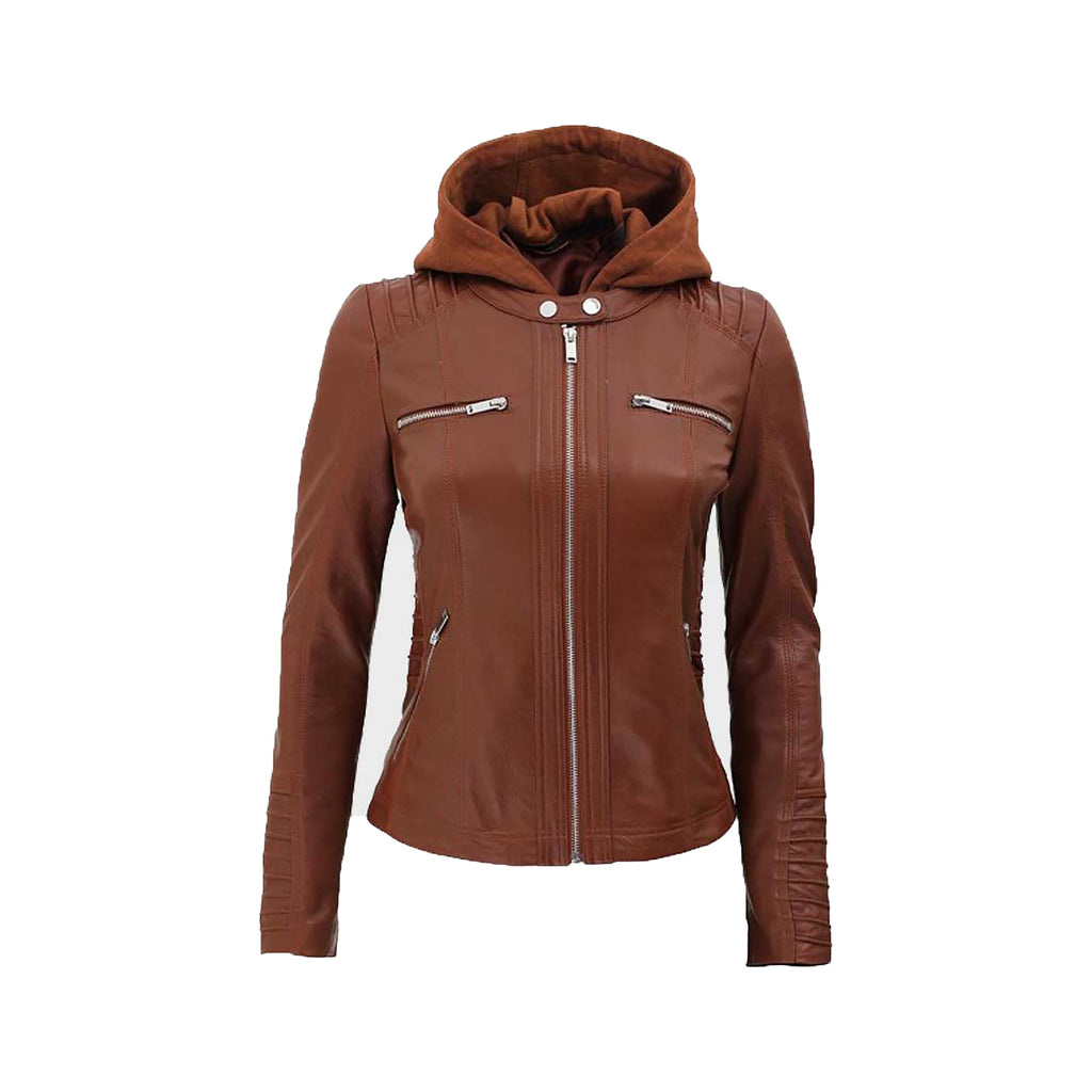 Women's Black & Brown Hooded Leather Jacket