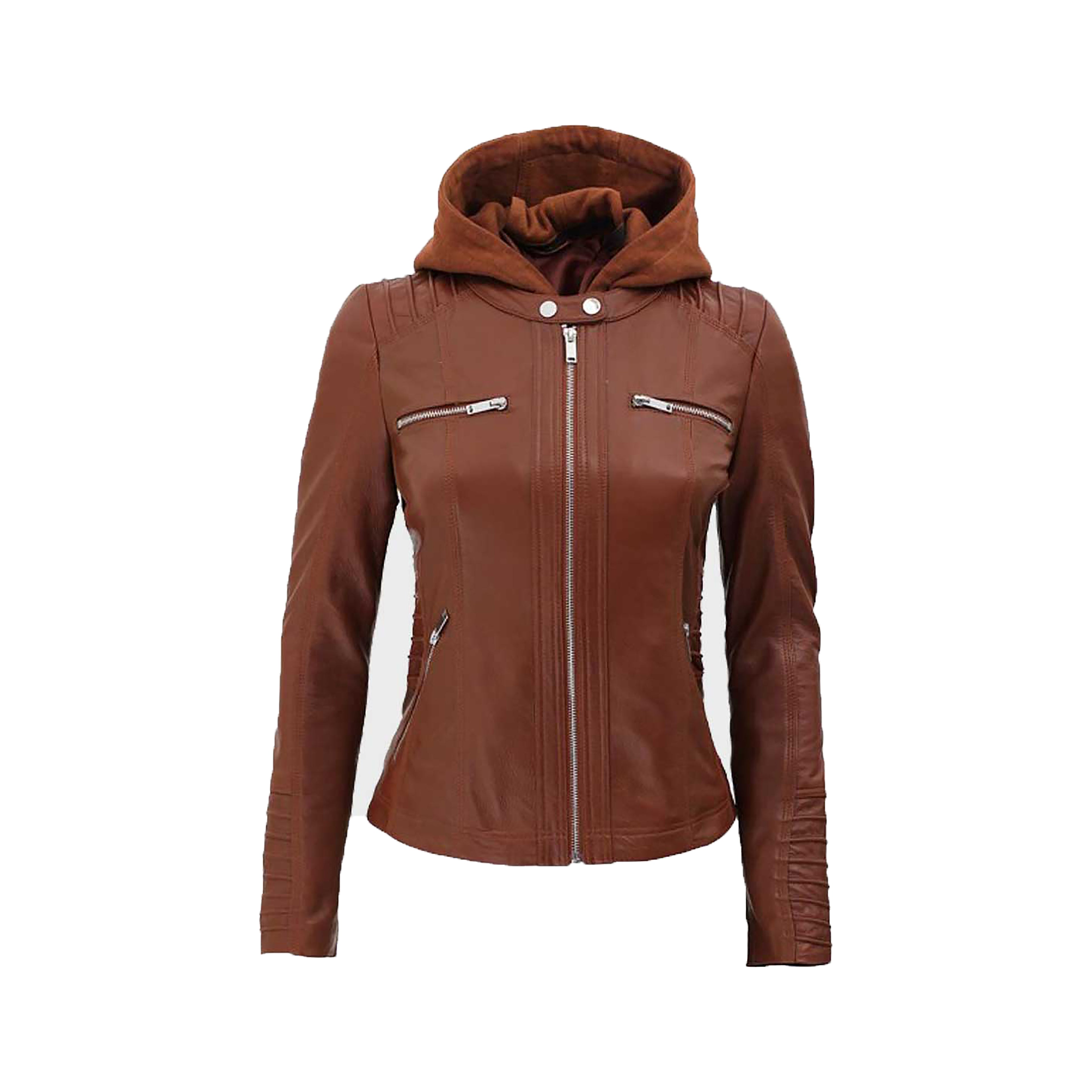 Women's Black & Brown Hooded Leather Jacket
