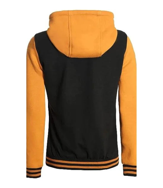 Women's Black & Yellow Hooded Varsity Bomber Jacket - Baseball Style