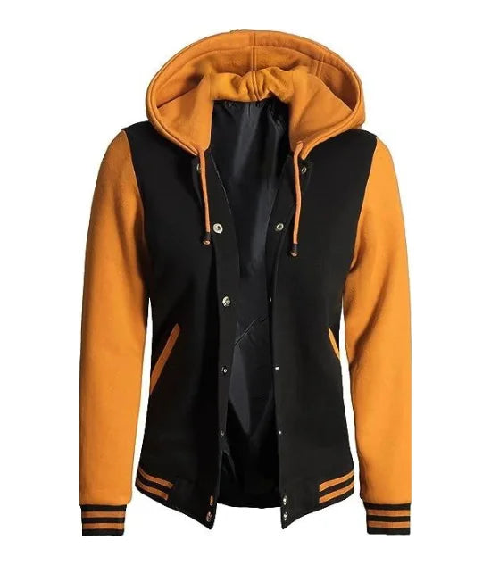 Women's Black & Yellow Hooded Varsity Bomber Jacket - Baseball Style