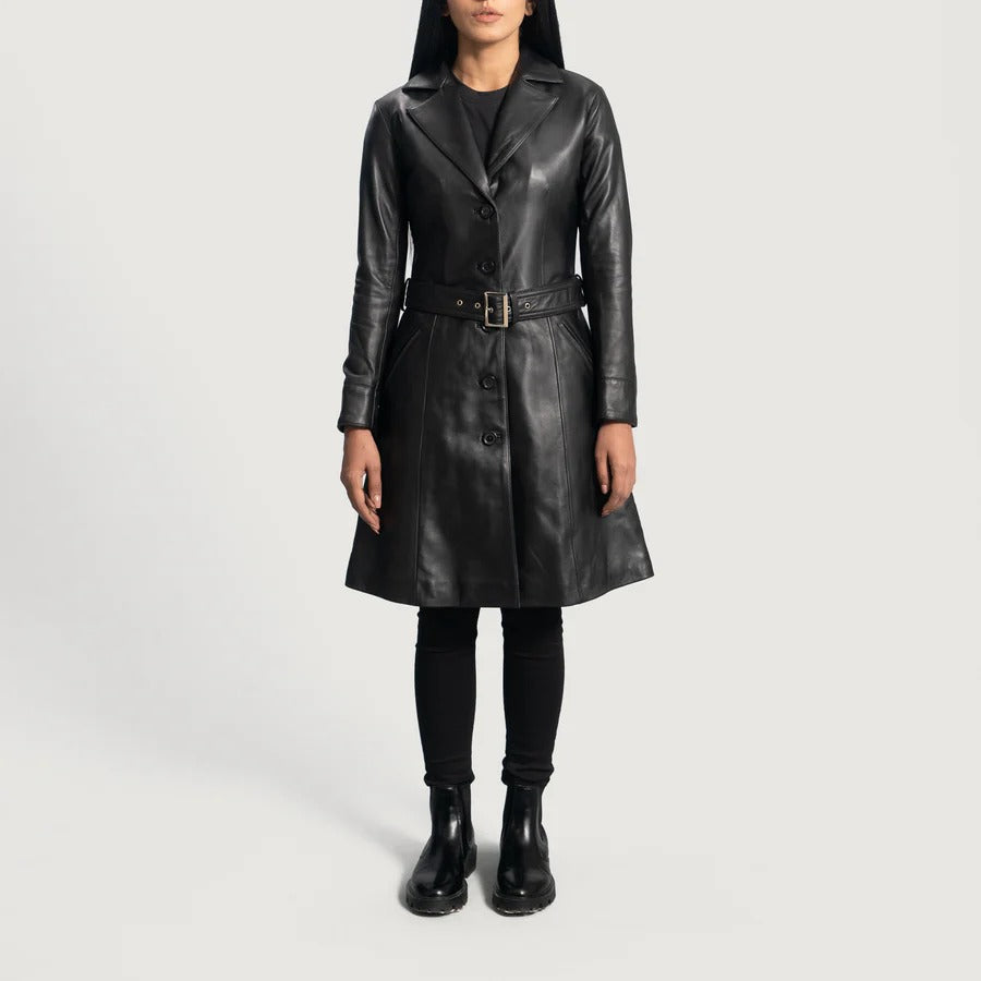 Women's Black leather Buttoned Closure Trench coat