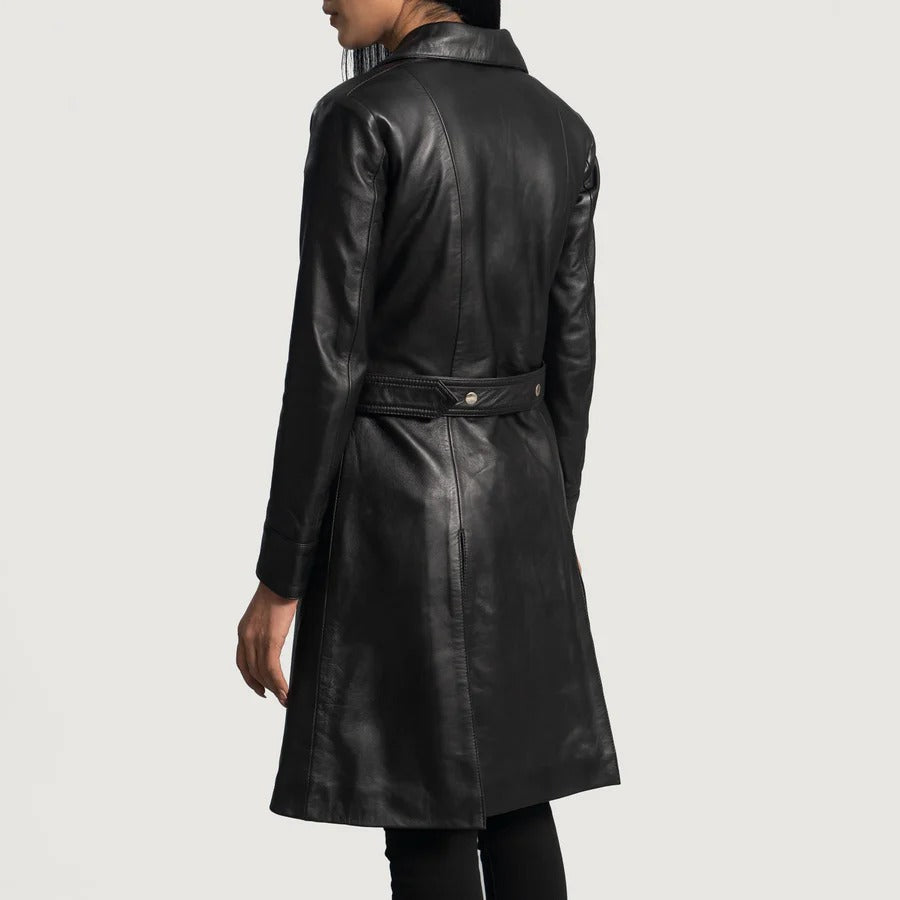 Women's Black leather Buttoned Closure Trench coat